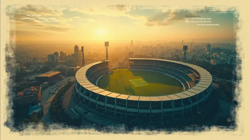 Aerial photograph of Wankhede Stadium at golden hour with editorial pin callouts