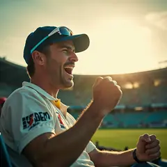 Cricket fan cheering in a sunlit stadium