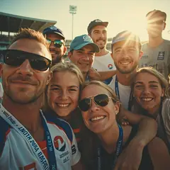 Cricket fan group at a sunlit stadium